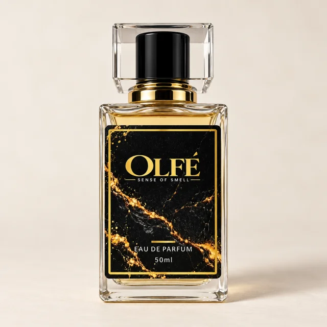 Illustrative OLFE Eau de Parfum bottle with black-and-gold marble label