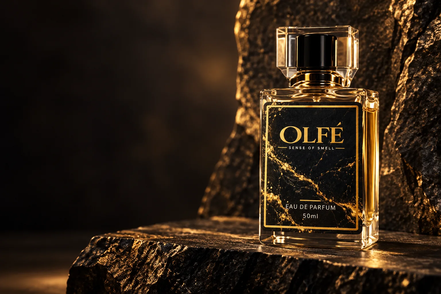 Illustrative OLFE perfume bottle on dark stone in warm golden light
