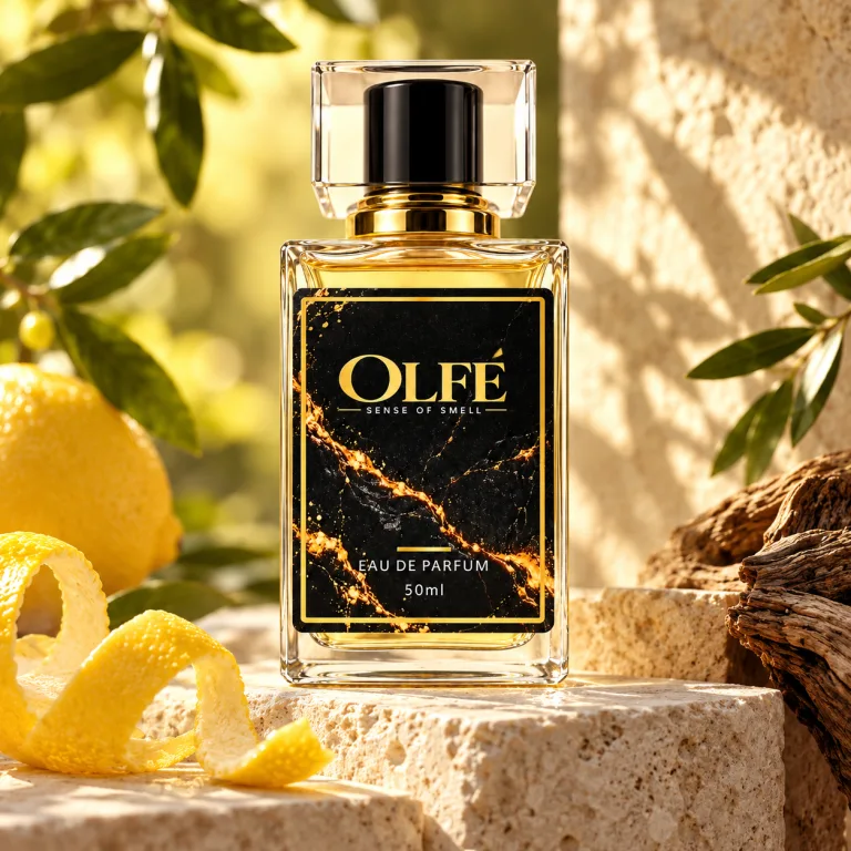 Illustrative OLFE 50 ml bottle in a citrus-themed campaign scene