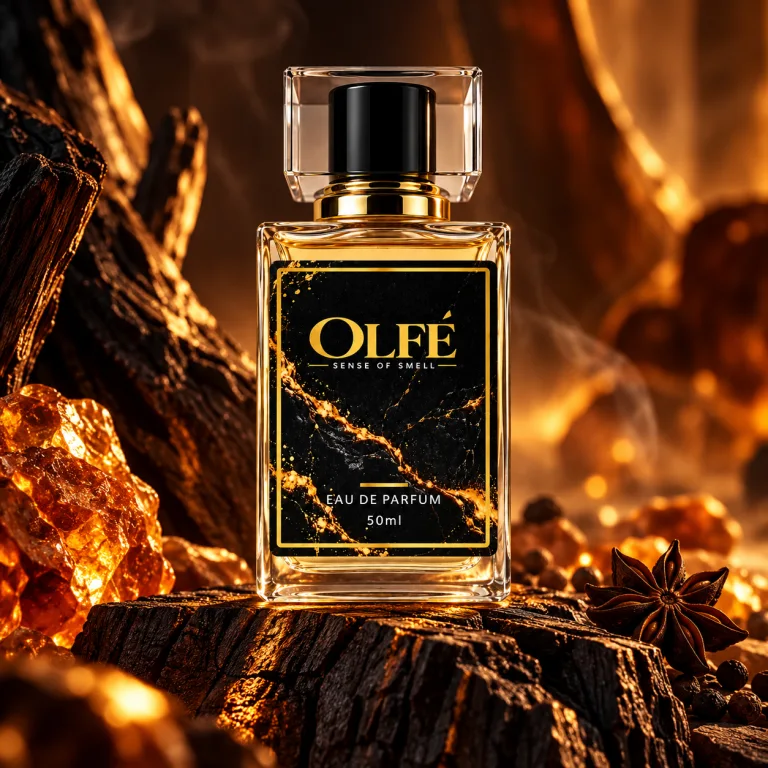 Illustrative OLFE 50 ml bottle in an amber-themed campaign scene