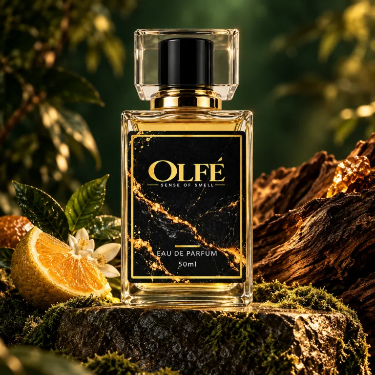 Illustrative OLFE 50 ml bottle in a green-themed campaign scene