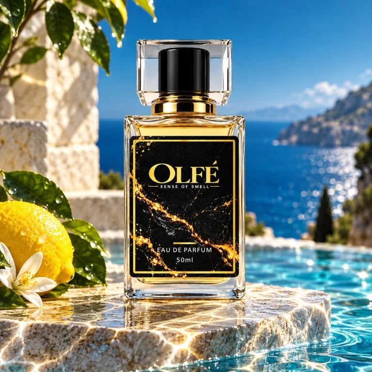 Illustrative OLFE 50 ml bottle in a blue-themed campaign scene