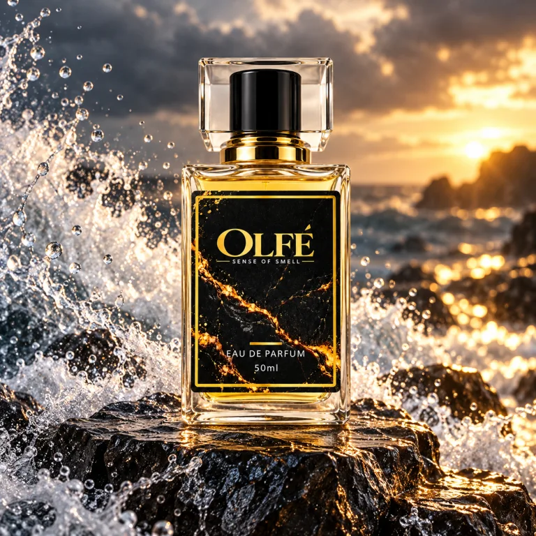 Illustrative OLFE 50 ml bottle in a silver-themed campaign scene