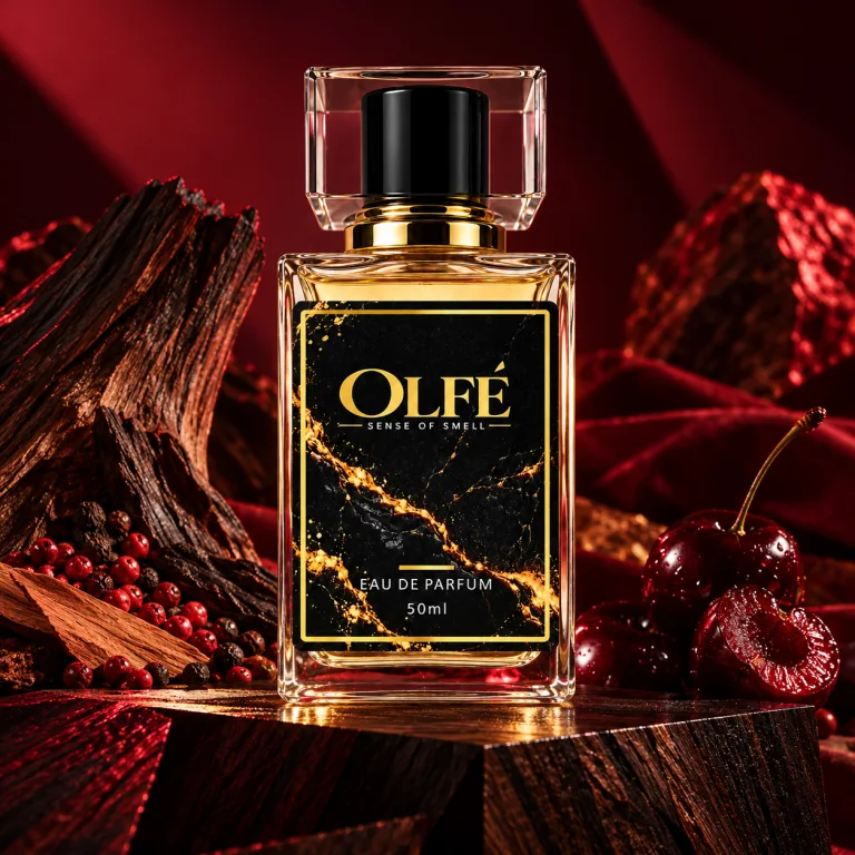 Illustrative OLFE 50 ml bottle in a red-themed campaign scene