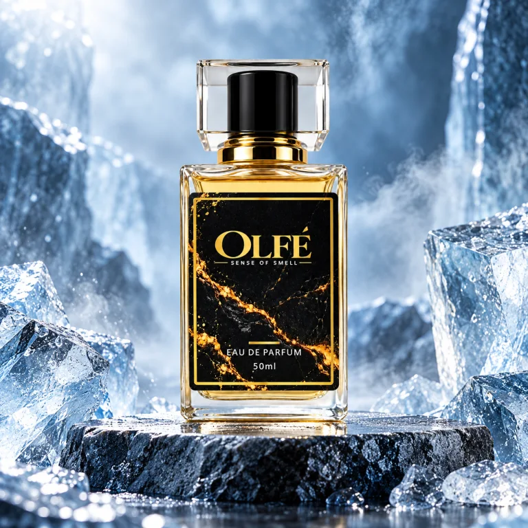 Illustrative OLFE 50 ml bottle in an ice-themed campaign scene