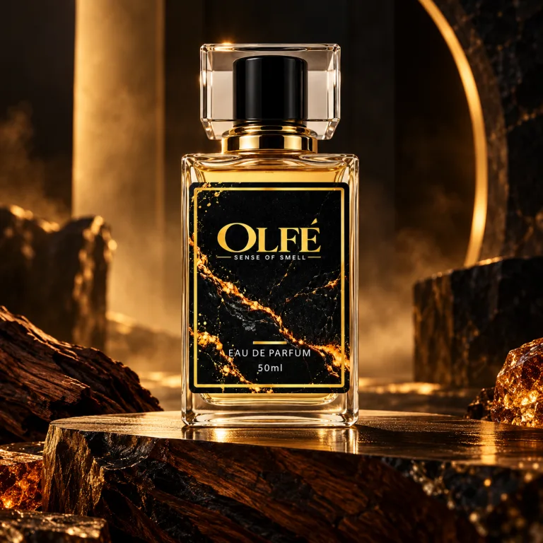Illustrative OLFE 50 ml bottle in a gold-themed campaign scene